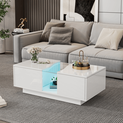 Mesa de centro retangular de mdf com 2 gavetas e luz led,branco Mesa de centro retangular de mdf com 2 gavetas e luz led,branco