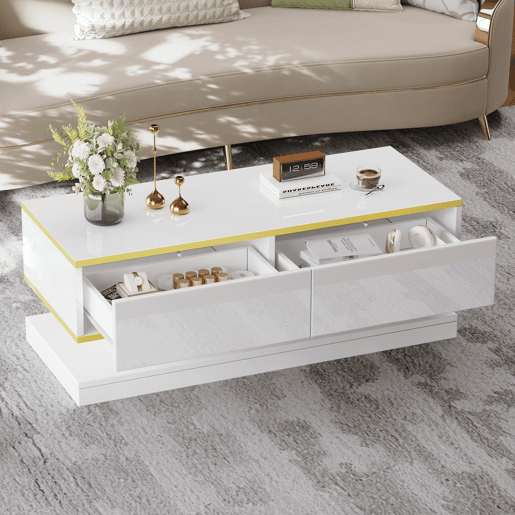 Mesa de centro retangular de painel de partículas com 2 gavetas,branco