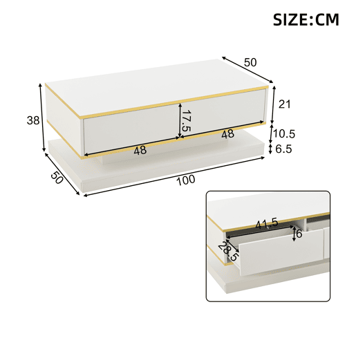 Mesa de centro retangular de painel de partículas com 2 gavetas,branco