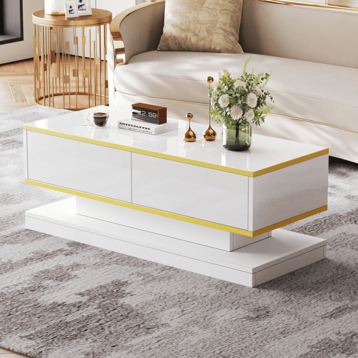Mesa de centro retangular de painel de partículas com 2 gavetas,branco