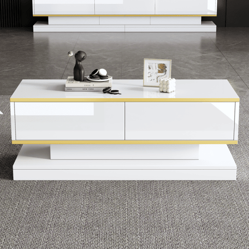 Mesa de centro retangular de painel de partículas com 2 gavetas,branco