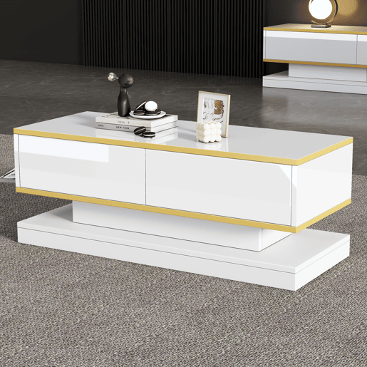 Mesa de centro retangular de painel de partículas com 2 gavetas,branco