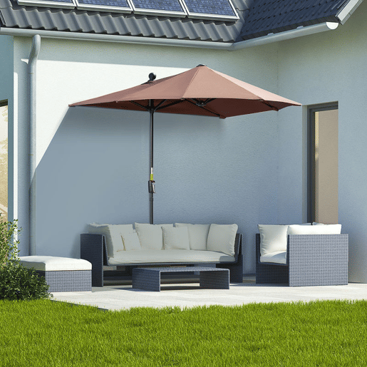 Outsunny Chapéu de Sol de Parede para Jardim 200x190x240 cm Parasol de Terraço com Manivela Poste de Aço e Base Cruzada Anti-UV para Terraço Varanda Castanho
