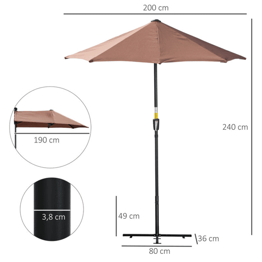 Outsunny Chapéu de Sol de Parede para Jardim 200x190x240 cm Parasol de Terraço com Manivela Poste de Aço e Base Cruzada Anti-UV para Terraço Varanda Castanho