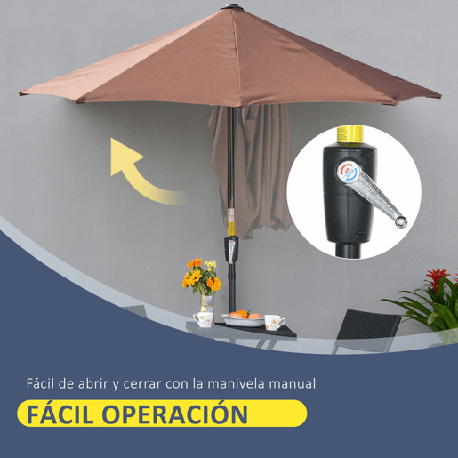 Outsunny Chapéu de Sol de Parede para Jardim 200x190x240 cm Parasol de Terraço com Manivela Poste de Aço e Base Cruzada Anti-UV para Terraço Varanda Castanho