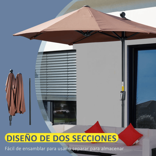 Outsunny Chapéu de Sol de Parede para Jardim 200x190x240 cm Parasol de Terraço com Manivela Poste de Aço e Base Cruzada Anti-UV para Terraço Varanda Castanho