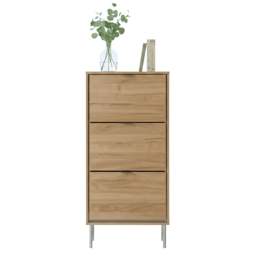 Sapateira de 3 portas, modelo Sforza, com 3 prateleiras, capacidade para aproximadamente 24 pares. Cor: Carvalho Natural, dimensões: 63 x 110 x 24 cm.