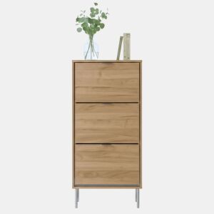 Sapateira de 3 portas, modelo Sforza, com 3 prateleiras, capacidade para aproximadamente 24 pares. Cor: Carvalho Natural, dimensões: 63 x 110 x 24 cm.