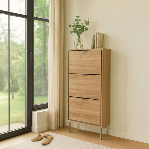 Sapateira de 3 portas, modelo Sforza, com 3 prateleiras, capacidade para aproximadamente 24 pares. Cor: Carvalho Natural, dimensões: 63 x 110 x 24 cm.