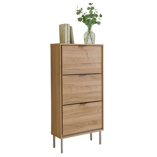 Sapateira de 3 portas, modelo Sforza, com 3 prateleiras, capacidade para aproximadamente 24 pares. Cor: Carvalho Natural, dimensões: 63 x 110 x 24 cm.