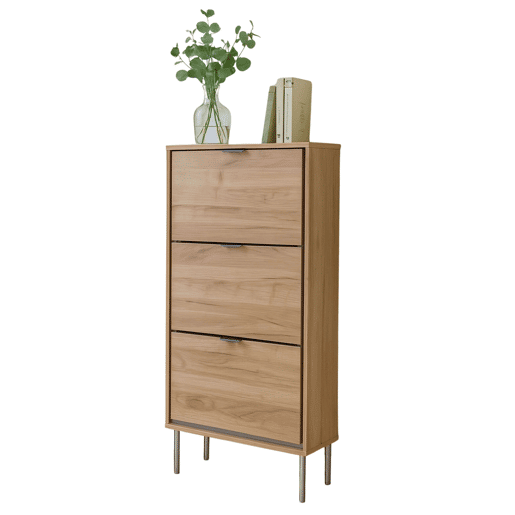 Sapateira de 3 portas, modelo Sforza, com 3 prateleiras, capacidade para aproximadamente 24 pares. Cor: Carvalho Natural, dimensões: 63 x 110 x 24 cm.