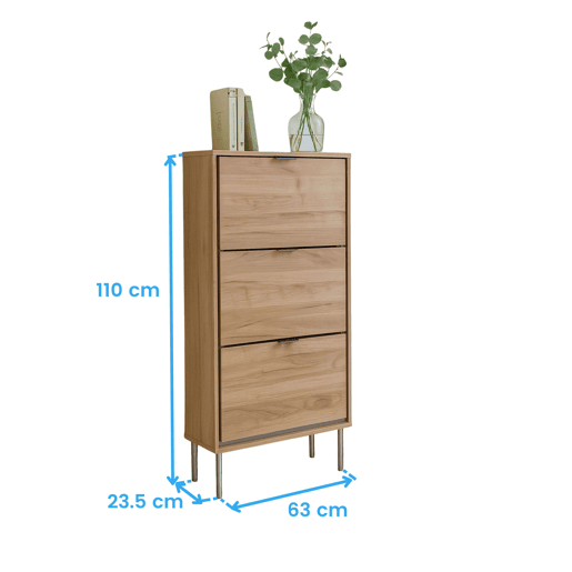 Sapateira de 3 portas, modelo Sforza, com 3 prateleiras, capacidade para aproximadamente 24 pares. Cor: Carvalho Natural, dimensões: 63 x 110 x 24 cm.