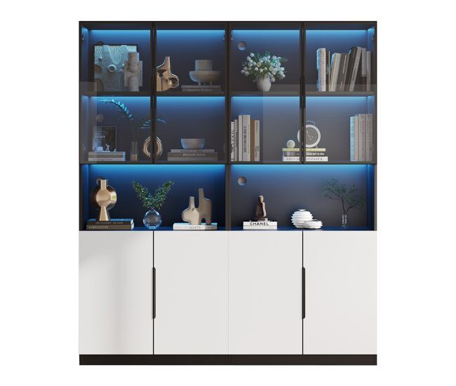 Vitrina de panel de partículas con 8 puertas y luz led,negro+blanco