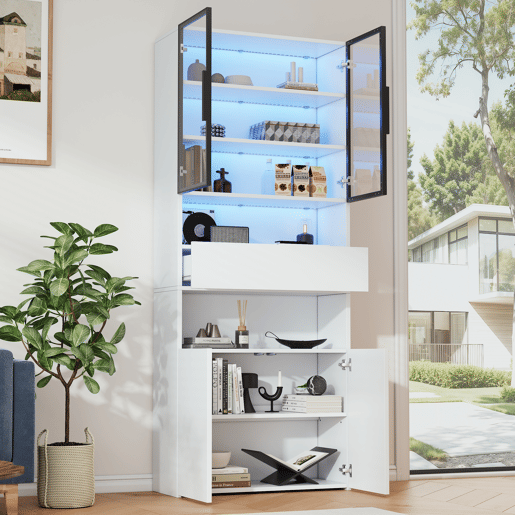 Vitrine de painel de partículas com 4 portas,1 gaveta e luz led,branco