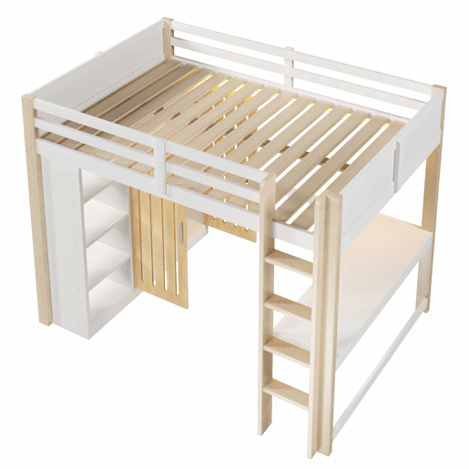 Beliche 140x200 cm - com luzes LED, armário, estante e secretária, sem colchão - branco e natural