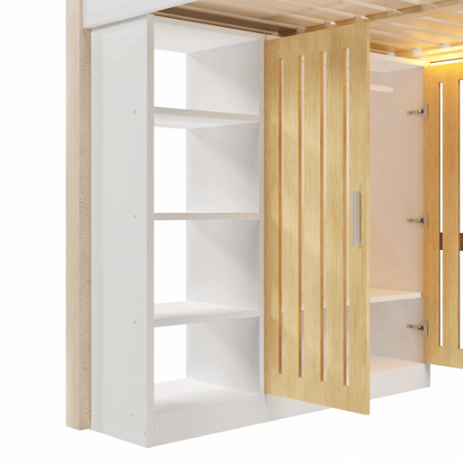 Beliche 140x200 cm - com luzes LED, armário, estante e secretária, sem colchão - branco e natural