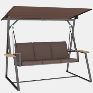 Outsunny Baloiço de Jardim de 3 Lugares Baloiço de Exterior com Teto Ajustável UPF50+ 2 Bandejas Almofadas e Estrutura em Metal para Varanda Terraço Pátio Capacidade 360 kg 222x131x175 cm Marrom