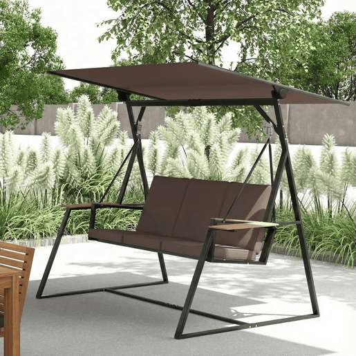 Outsunny Baloiço de Jardim de 3 Lugares Baloiço de Exterior com Teto Ajustável UPF50+ 2 Bandejas Almofadas e Estrutura em Metal para Varanda Terraço Pátio Capacidade 360 kg 222x131x175 cm Marrom