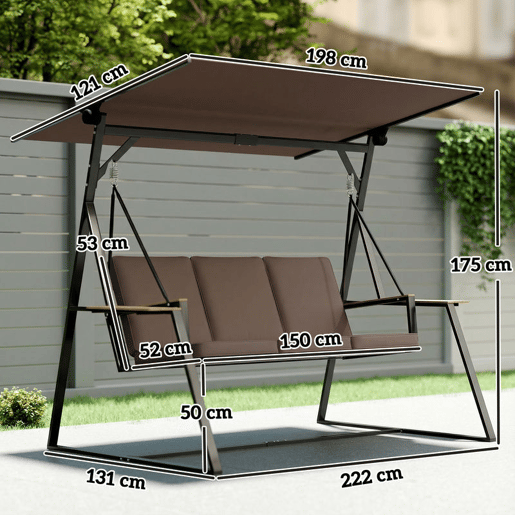 Outsunny Baloiço de Jardim de 3 Lugares Baloiço de Exterior com Teto Ajustável UPF50+ 2 Bandejas Almofadas e Estrutura em Metal para Varanda Terraço Pátio Capacidade 360 kg 222x131x175 cm Marrom