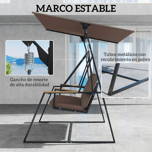 Outsunny Baloiço de Jardim de 3 Lugares Baloiço de Exterior com Teto Ajustável UPF50+ 2 Bandejas Almofadas e Estrutura em Metal para Varanda Terraço Pátio Capacidade 360 kg 222x131x175 cm Marrom