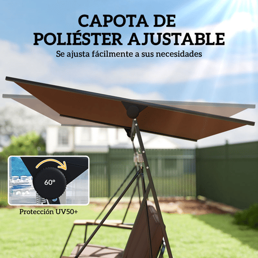Outsunny Baloiço de Jardim de 3 Lugares Baloiço de Exterior com Teto Ajustável UPF50+ 2 Bandejas Almofadas e Estrutura em Metal para Varanda Terraço Pátio Capacidade 360 kg 222x131x175 cm Marrom