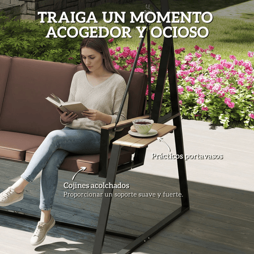 Outsunny Baloiço de Jardim de 3 Lugares Baloiço de Exterior com Teto Ajustável UPF50+ 2 Bandejas Almofadas e Estrutura em Metal para Varanda Terraço Pátio Capacidade 360 kg 222x131x175 cm Marrom