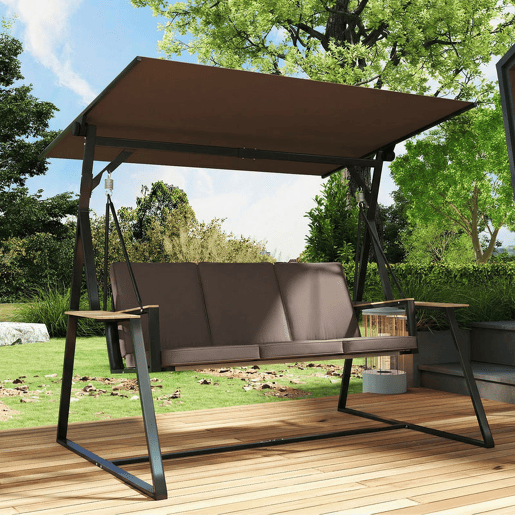 Outsunny Baloiço de Jardim de 3 Lugares Baloiço de Exterior com Teto Ajustável UPF50+ 2 Bandejas Almofadas e Estrutura em Metal para Varanda Terraço Pátio Capacidade 360 kg 222x131x175 cm Marrom