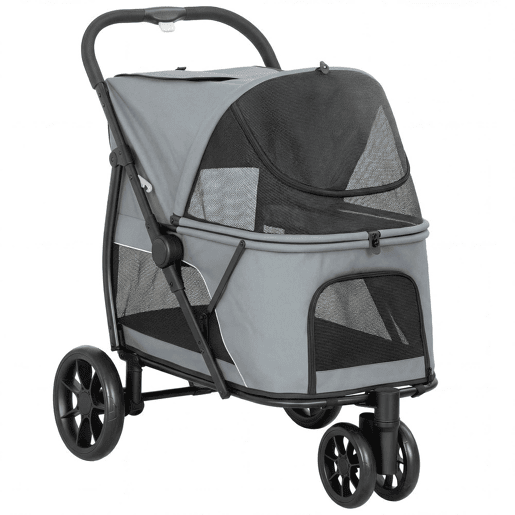 PawHut Carrinho para Cães Dobrável, Carrinho para Cães Médios com 3 Rodas, Janelas de Rede, Almofada Lavável, Bolso, Correias de Segurança, Travões, Todo-o-Terreno, Carga 20 kg, 92x63x95 cm, Cinzento