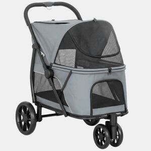 PawHut Carrinho para Cães Dobrável, Carrinho para Cães Médios com 3 Rodas, Janelas de Rede, Almofada Lavável, Bolso, Correias de Segurança, Travões, Todo-o-Terreno, Carga 20 kg, 92x63x95 cm, Cinzento