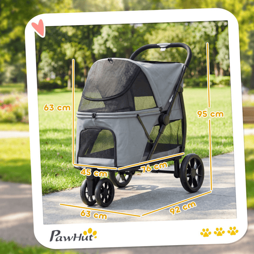 PawHut Carrinho para Cães Dobrável, Carrinho para Cães Médios com 3 Rodas, Janelas de Rede, Almofada Lavável, Bolso, Correias de Segurança, Travões, Todo-o-Terreno, Carga 20 kg, 92x63x95 cm, Cinzento