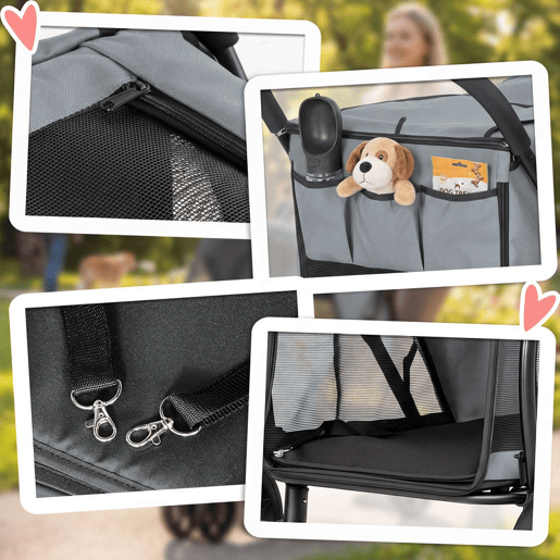 PawHut Carrinho para Cães Dobrável, Carrinho para Cães Médios com 3 Rodas, Janelas de Rede, Almofada Lavável, Bolso, Correias de Segurança, Travões, Todo-o-Terreno, Carga 20 kg, 92x63x95 cm, Cinzento