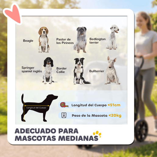 PawHut Carrinho para Cães Dobrável, Carrinho para Cães Médios com 3 Rodas, Janelas de Rede, Almofada Lavável, Bolso, Correias de Segurança, Travões, Todo-o-Terreno, Carga 20 kg, 92x63x95 cm, Cinzento