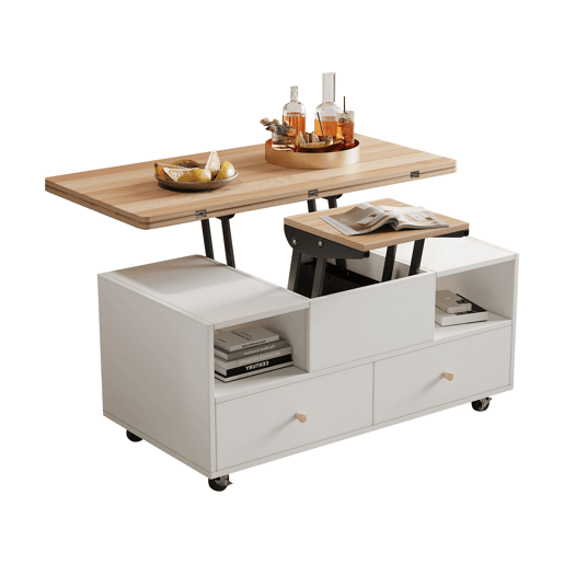 Mesa de centro elevável retangular de mdf,branco+natural