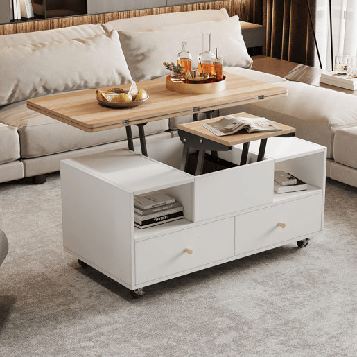 Mesa de centro elevável retangular de mdf,branco+natural
