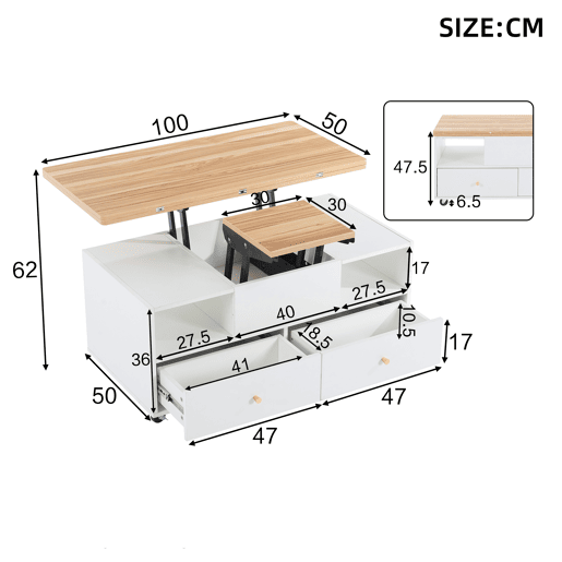 Mesa de centro elevável retangular de mdf,branco+natural