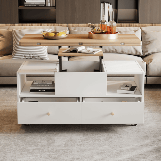Mesa de centro elevável retangular de mdf,branco+natural