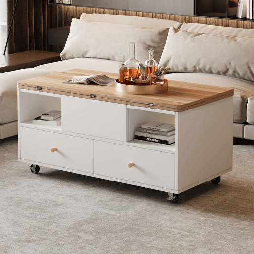 Mesa de centro elevável retangular de mdf,branco+natural