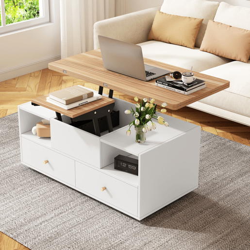 Mesa de centro elevável retangular de mdf,branco+natural
