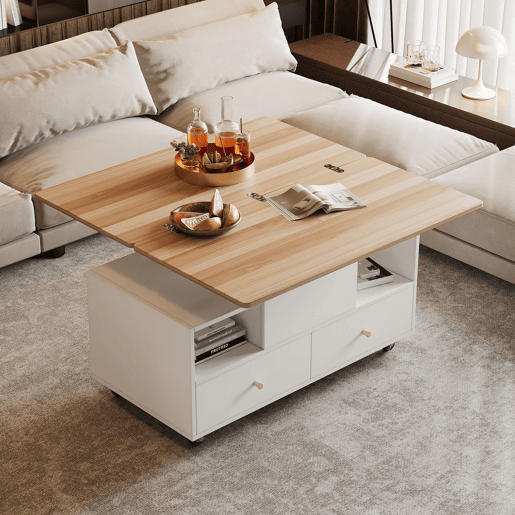 Mesa de centro elevável retangular de mdf,branco+natural