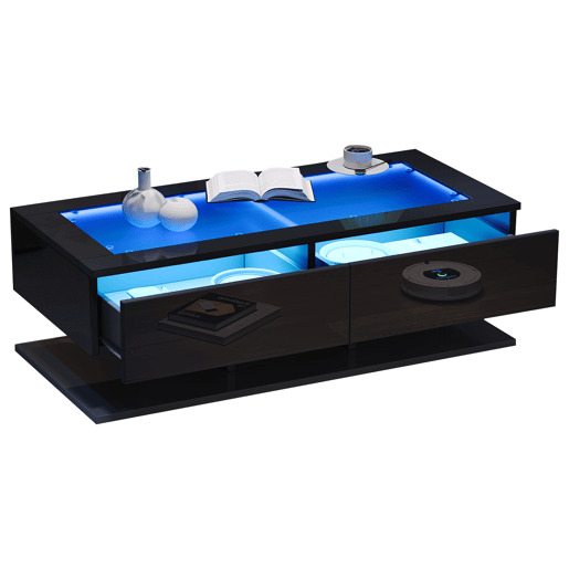 Mesa de centro retangular de painel de partículas com 2 gavetas e luz led,preto
