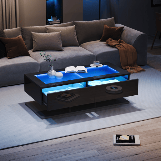 Mesa de centro retangular de painel de partículas com 2 gavetas e luz led,preto