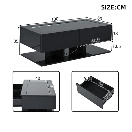 Mesa de centro retangular de painel de partículas com 2 gavetas e luz led,preto