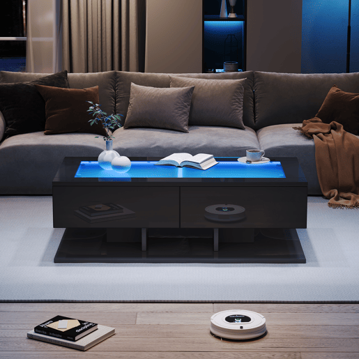 Mesa de centro retangular de painel de partículas com 2 gavetas e luz led,preto
