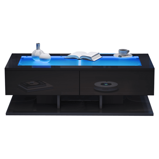 Mesa de centro retangular de painel de partículas com 2 gavetas e luz led,preto