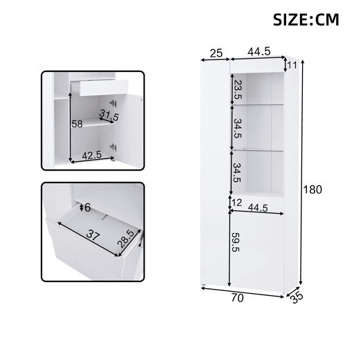 Vitrine de painel de partículas com 2 portas,1 gaveta e luz led,branco