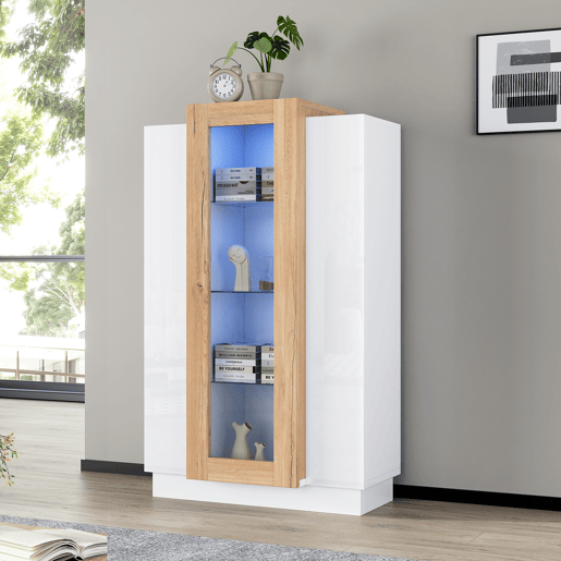 Vitrine de painel de partÃculas com 1 porta e luz led,branco+natural Vitrine de painel de partÃculas com 1 porta e luz led,branco+natural