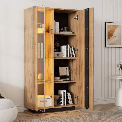 Vitrine de painel de partículas com 2 portas e luz led,natural