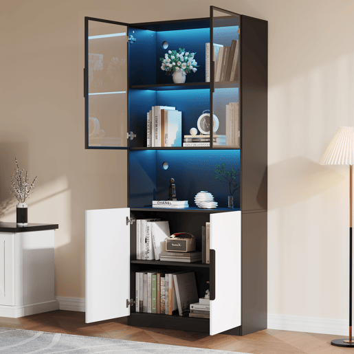 Vitrine de painel de partículas com 4 portas e luz led,preto+branco