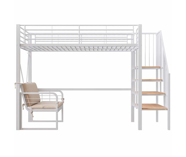 Litera 90x200 cm - con estructura metálica resistente, sofá tapizado desmontable, espacio de almacenamiento y escalera de seguridad - blanco
