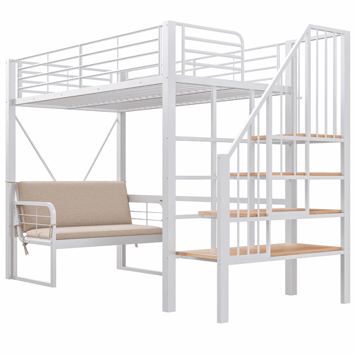 Beliche 90x200 cm - com estrutura metálica resistente, sofá estofado removível, espaço de armazenamento e escada de segurança - Branco